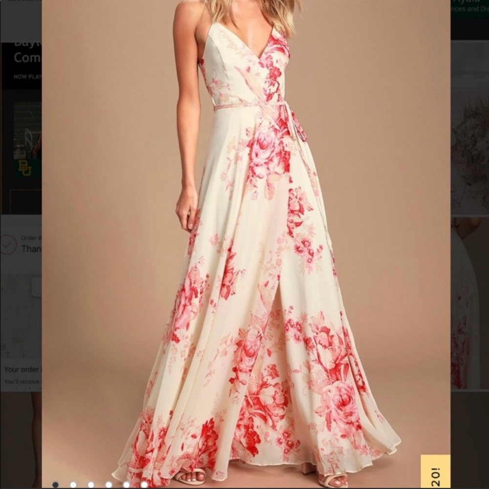 Lulu’s Pink and Cream Floral Wrap Dress